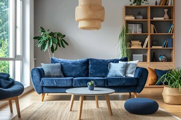 Living room with a sofa and armchair combination in blue color, a coffee table, floor cushion, and a wooden bookcase on the right side of the wall