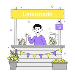 Boy with lemonade vector linear - obrazy, fototapety, plakaty