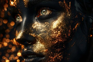 Close up of a black and gold beauty face with gold paint on it