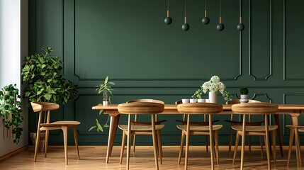 Scandinavian dining room design wooden chairs and table and dark green interior background
