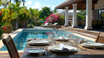 Fototapeta premium Set table on deck by pool of current house