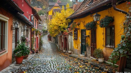 A narrow street with houses on both sides and a cobblestone road. The houses are yellow and red