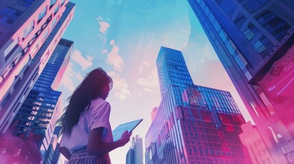 beautiful female designer holding a drawing tablet with skyscraper background