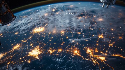 A view of the Earth at night with a bright light in the sky. The light is coming from a satellite