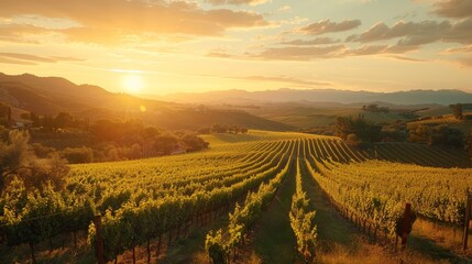 A beautiful sunset over a vineyard with a man walking through the rows of grapes. Scene is peaceful and serene, as the sun sets over the hills and the man takes in the beauty of the landscape - obrazy, fototapety, plakaty