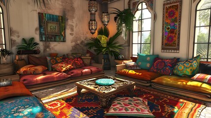 Stylish and bohemian concept of living room design furnitures and elegant accessories
