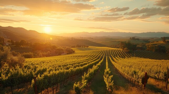 A beautiful sunset over a vineyard with a man walking through the rows of grapes. Scene is peaceful and serene, as the sun sets over the hills and the man takes in the beauty of the landscape