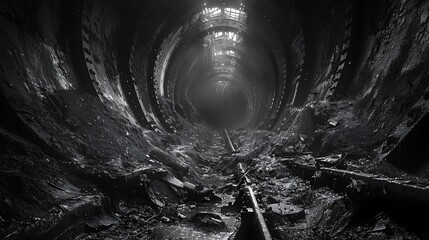 Focus on the intricate decay of an abandoned mine shaft, its tunnels dark and foreboding, echoing...