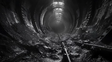 Rolgordijnen Focus on the intricate decay of an abandoned mine shaft, its tunnels dark and foreboding, echoing with the ghostly whispers of miners long gone. © Rana