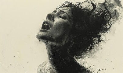 Portrait of suffering woman. Women's pain. Black and white image - obrazy, fototapety, plakaty