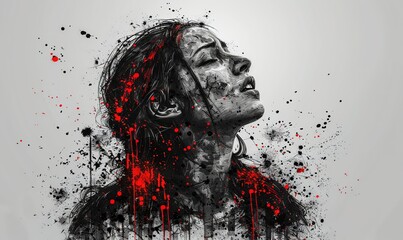 Portrait of suffering woman. Women's pain. Colorful paint splashes - obrazy, fototapety, plakaty