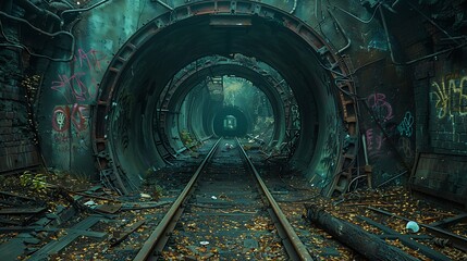 Focus on the intricate decay of an abandoned subway tunnel, its tracks choked with debris and graffiti-covered walls bearing silent witness to the passage of countless trains. - obrazy, fototapety, plakaty