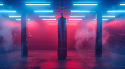  boxing bag in a room with neon lights