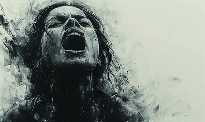Screaming woman. Black and white grunge background - obrazy, fototapety, plakaty