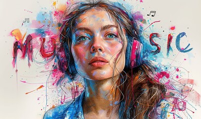 Young woman listening to music with headphones, colorful paint