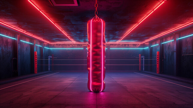 boxing bag in a room with neon lights