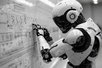 The robot of the future analyzes mathematical formulas from the blackboard
 - obrazy, fototapety, plakaty