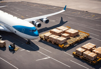 Loading cargo on plane in airport. Shipping logistic