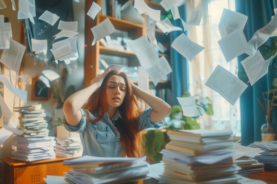 Woman in the office appears desperate, holding their head while piles of documents clutter the desk, with papers flying around the room. The concept depicts overload and excessive work.