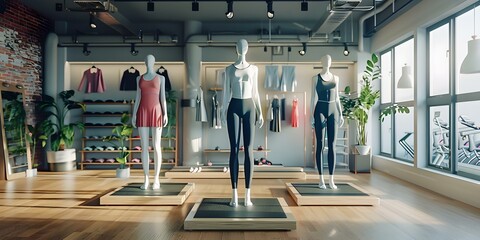 Athleisure store with mannequins in active poses virtual treadmill yoga studio and sports bras fitting area. Concept Athleisure Fashion, Virtual Workout, Treadmill Photoshoot, Yoga Studio Display - obrazy, fototapety, plakaty