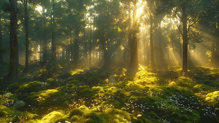 In the heart of a sun-dappled forest, a carpet of emerald moss stretches as far as the eye can see. 