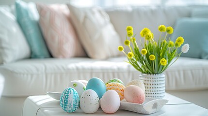 Warm and cozy composition of easter living room interior with coffee table, white sofa, colorful easter egg