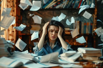 Woman in the office appears desperate, holding their head while piles of documents clutter the desk, with papers flying around the room. The concept depicts overload and excessive work. - obrazy, fototapety, plakaty