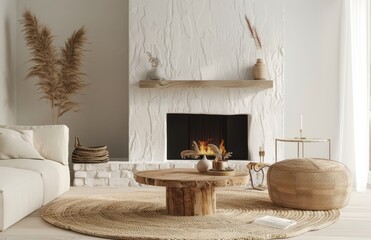 Interior design of a modern living room with a fireplace, a white stone wall and a wooden table in light colors
