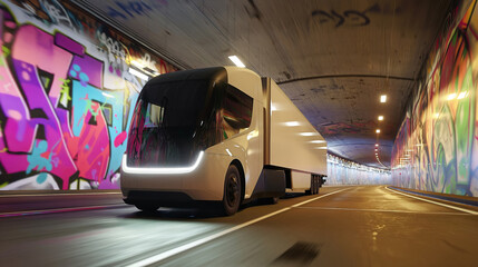 Modern electric semi-truck drives through an urban tunnel adorned with vibrant graffiti artwork