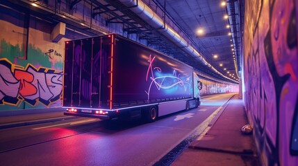 Semi truck passing through a brightly-illuminated tunnel adorned with vibrant graffiti artwork