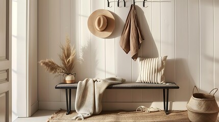 Warm and cozy interior design of bright entryway with gray bench black hanger brown scarf beige hat round