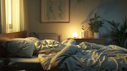 3d rendering of a bedroom interior with a bed and a lamp