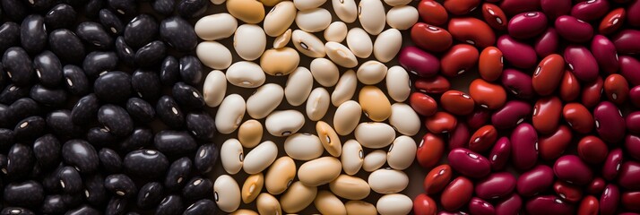 Kidney beans heap. Red, white, black background, banner, texture. Top view of kidney beans