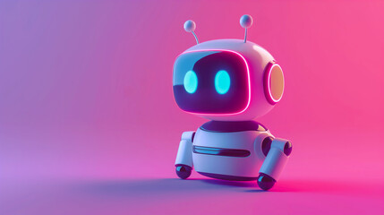 Cute Futuristic Robot with Illuminated Eyes. A charming 3D-rendered robot with glowing blue eyes stands against a vibrant pink and purple gradient background.