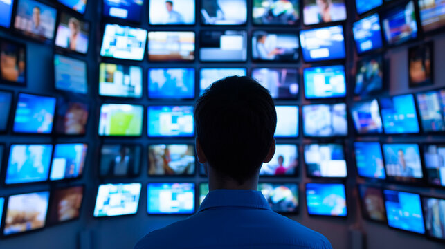 Man Monitoring Multiple Broadcasting Screens. Back view of a man in a blue shirt overseeing a wall of various broadcasting television screens in a control room.