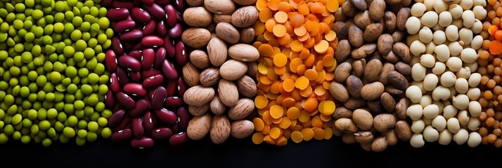 Legumes background, banner, poster with top view. Assorted legumes arranged in a vertical rows