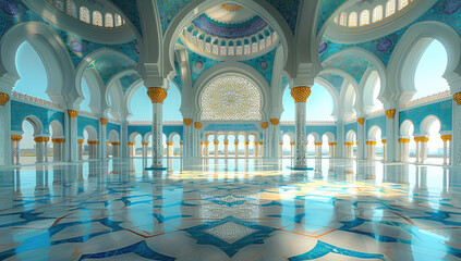 An enchanting scene depicting the grandeur and beauty of an Islamic mosque, featuring intricate architecture. Created with Ai - obrazy, fototapety, plakaty