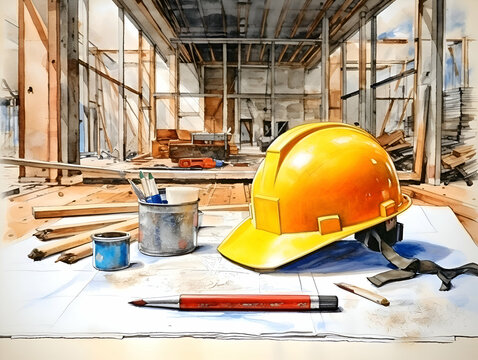 Drawing of a construction site with a yellow hard hat and tools