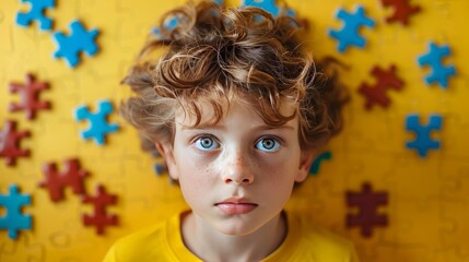 Mental health child concept. ADHD, attention deficit hyperactivity disorder, autism. Head of a child with puzzle pieces. - obrazy, fototapety, plakaty