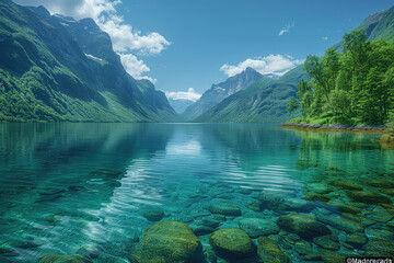 Beautiful clear lake in Norway, stunning scenery, beautiful nature landscape, clear water and green mountains. Created with Ai