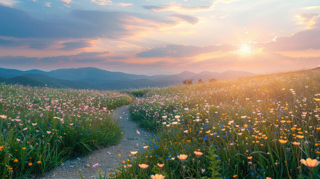 Serene sunset over a blooming wildflower meadow as a nature background.