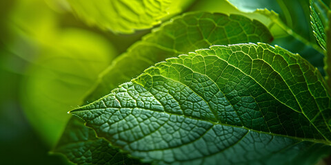 Fototapeta premium Close-Up View of Green Leaves With Intricate Veins in Sunlit Garden. AI.