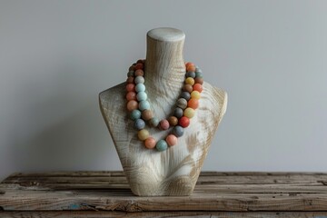 Earth-toned bead necklaces on a wooden bust atop a rustic table. - obrazy, fototapety, plakaty