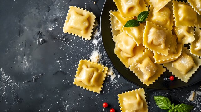 Plate of Ravioli With Basil Leaves. AI.