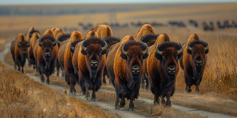 Conservation of Bison Herds: Wildlife Migration Routes and Human-Wildlife Interactions. Concept Bison Conservation, Wildlife Migration, Human-Wildlife Interactions, Bison Herds, Conservation Efforts - obrazy, fototapety, plakaty