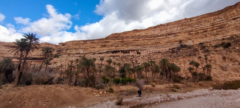 The balconies of Ghoufi, an ancient Berber village, with houses made of stone and clay, carved into waterfalls in the rock, this large canyon is crossed by the Abiod river. Batna . Algeria