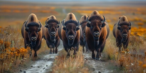 Preserving Bison Migration Routes: A Look at Human-Wildlife Interactions on Dirt Roads. Concept Bison Migration, Human-Wildlife Interactions, Dirt Roads, Conservation, Preserving Ecosystems - obrazy, fototapety, plakaty