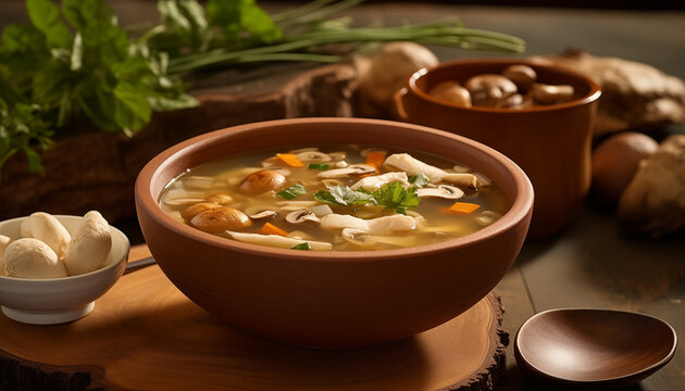 A delicious and nutritious bowl of mushroom soup made with fresh mushrooms vegetables and herbs