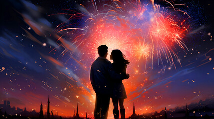 Silhouette of loving couple hugging each other and looking at fireworks - obrazy, fototapety, plakaty