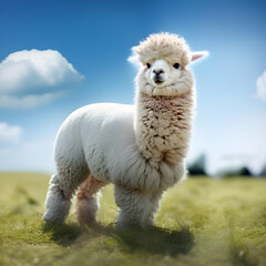 Obraz premium Cute alpaca standing on green meadow under blue sky